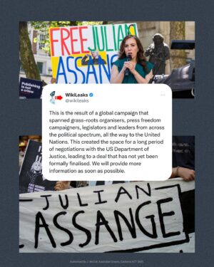 Larissa Waters Instagram - Julian Assange is coming home.

After 1901 days, Julian has finally been released from Belmarsh prison.

Our thoughts are with Stella, his children, and all his family and loved ones desperate to see him. 

While great news, a decade of Julian’s life was taken by US overreach. 

Journalism is not a crime. 

Pursuing Assange was anti-democratic, anti-press freedom, and the charges should have been dropped.

To the millions of people around the world who campaigned to #FreeAssange thank you.

Credit: Wikileaks