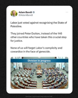 Larissa Waters Instagram - Yesterday the Greens moved that Australia recognise the State of Palestine.

146 countries around the world have taken this step. Norway, Spain and Ireland did so Tuesday night.

But Labor voted against it. Joined by Peter Dutton’s Liberals. 

Even though their own election platform calls on them to recognise Palestinian Statehood.

Everyone of us are judged for the things we say, the way we vote, and the actions we take in this Parliament - especially when thousands upon thousands of lives are at stake.

We will not stop pushing Labor to stop the two-way arms trade with Israel, sanction Netanyahu and his war cabinet, expel the Israeli ambassador, and stop supporting this horrific invasion.

We will not stop until Palestine is free. 🇵🇸