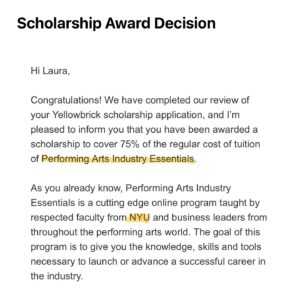 Laura Aleman Instagram - La vida tiene una manera de cerrar ciclos. 🌟 Gracias al programa de becas de Yellowbrick , tengo la gran dicha de inscribirme en las certificaciones de Film/TV Industry Essentials y Performing Arts Industry essentials de @nyuniversity ! 🎬✨

Cuando estaba en escuela superior, adquirí una beca para estudiar coreografía en NYU, pero múltiples cirugías cardíacas me impidieron seguir ese sueño. Mi corazón necesitaba cumplir una educación en la escuela de mis sueños. 

Desde la pandemia, aunque he hecho al menos 1-2 películas al año, mi carrera se sentía estancada. Empezar de nuevo con estos cursos me da la oportunidad de reconstruir la confianza en mis capacidades, aprender cosas nuevas y fortalecer mi pasión por la industria. Agradecida a mi mamá y abuela por enseñarme que invertir en educación es el mejor regalo que puedo hacer por mí misma.💖

Life has a way of bringing us full circle. 🌟 Thanks to Yellowbrick’s scholarship program, I’m thrilled to enroll in NYU’s Film & TV and Performing Arts Industry essentials certifications! 🎬✨

I was originally awarded an NYU scholarship for choreography after high school, but multiple heart surgeries kept me from pursuing that dream. My heart needed to fulfill an education of some sort at my dream school. 

Since the pandemic, although I have done at least  1-2 movies a year, my career felt stagnant. Starting over with these courses gives me a chance to rebuild my confidence, learn new things, and strengthen my passion for the industry. Grateful to my mom and grandma for teaching me that investing in education is the best gift to myself. 💖