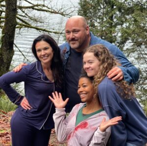 Laura Mennell Instagram - In honour of #DangerousGame’s release, I’ll share behind the scenes photos of some wonderful folks I got to work with. 

Also, it was great teaming up with #Loudermilk castmate, @willsasso again, who this time plays my onscreen hubby. 

These snapshots are a touch smilier than what you’ll see of us on camera  in this gory show.  Pictured are Will, @meganlcharp (my tv daughter), @kaya_coleman_, and @mcnamara6262 (our director). 

PS Shout out to @fc__mua #💇🏻‍♀️, @alicia.ohana  #💄, and @thetaeffect /Tibor Farkas #🩸for making me up as Marie! Xo

Don’t forget to stream #dagerousgamemovie on @paramountmovies 
@sp_media_group 
.
.
.
.
.
.
#lauramennell #behindthescenes #scarymovie #horrorshow #edgeofyourseat #scream #halloween #actress #vancouverfilm #paramountplus #willsasso #kayacoleman #megancharpentier #fakeblood #screamqueens #halloweenmovie #newreleases #actorslife #moviemagic #gore #thriller #whodoneit #boardgamemovienight