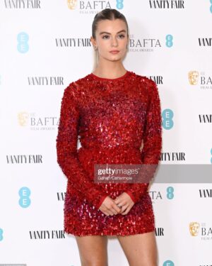 Leah McNamara Instagram - Last night at the Vanity Fair EE BAFTA Rising Star party, thank you for having me! 💌✨
hair and makeup by yours truly 💁🏼‍♀️
styling by the wonderful @rachaelperrystyling 
Wearing @eliesaabworld @louboutinworld @boodles