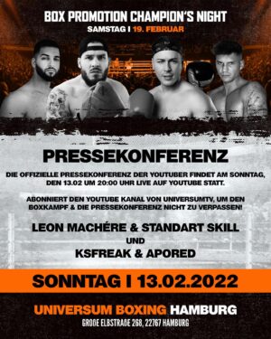 Leon Machère Instagram - Die offizielle Pressekonferenz der YouTuber findet am Sonntag, den 13.02 um 20:00 Uhr live auf YouTube statt.

Abonniert den YouTube Kanal von UniversumTV um den Boxkampf & die Pressekonferenz nicht zu verpassen! @universum_boxpromotion