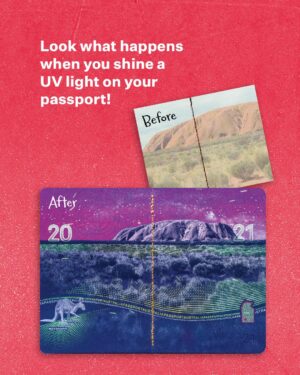 Linda Burney Instagram - Uluru comes alive in our current passport when you shine a UV light on it, how cool is that!

I especially love how the stitching through the middle turns red, yellow and black.

What do you love about this design?