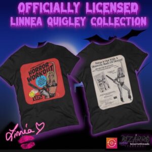 Linnea Quigley Instagram - 🎥 NOW AVAILABLE in Bio link of @bizarrothreads 🎥

The Officially Licensed collection of horror legend and scream queen @linneaquigley.

The first set of prints are dedicated to her classic Horror Workout. Featuring the original VHS cover art and a classic print ad from Cinema Home Video.