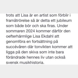 Lisa Ekdahl Instagram - Vem vet vintage tour rullar vidare in i sommaren! 
Swipa för info och smickrande text som jag är glad för ha ha! Tack!
Ska bli så fint att spela och fira under bar himmel.
Jag spelar ALLA låtar från debuten för att fira 30 år.
Och massa andra låtar såklart.
Kom kom kom.
Länk till biljetter i bion.
@livenationswe @mathiasblomdahl @pontusgillgren @andreasnordell @danielgahrton