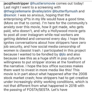 Lorene Scafaria Instagram - Beyond grateful for all the Hustlers love and support. Hoping this translates to real love and support for strippers and sex workers and continues conversations about their work conditions, job security and safety, repealing FOSTA/SESTA, ending shadow banning, erasing the stigma, and decriminalizing their work. I pledge to give a percentage of any royalties I receive from Hustlers to the organizations that help these causes including @swopbehindbars. (Please feel free to add other organization names below.) We tried to employ strippers and sex workers in front of and behind the camera, and cast as many dancers from SHOW PALACE NY as we could, as background and in speaking roles, but for those dancers who weren’t cast, they were without work and compensation for 5 days and I’m personally so sorry. I vow to visit SHOW PALACE every time I’m in NY and $how you my gratitude. Thanks to those of you who spent time with me and my bf on Thursday. You’re all so talented & lovely and I only hope to bring more customers to the club! If I can be of any service to the community, aid in any panels, discussions, or give this platform to the people who deserve it, I will. I’m all ears on how to do better by you. So grateful to the strippers and sex workers who’ve spoken to me, inspired me, and educated me over the past 3 years, and for the continued education. I have so much respect and love for each and every one of you. Sex work is work. So instead of a night out at the movies, bring your money to SHOW PALACE, OR YOUR LOCAL STRIP CLUB, and support the girls.