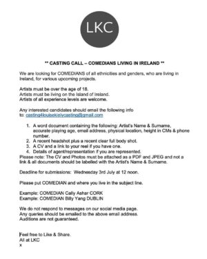 Louise Kiely Instagram - CASTING CALL - Comedians living in Ireland for a number of projects shooting in the winter-time. 🩶🥁