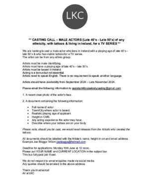 Louise Kiely Instagram - ** DEADLINE IS EXTENDED  to Monday 17th June ** #CastingCall - Gents (late 40’s - late 50’s) with visible tattoos for a TV series. Tattoos must be visible & we will need the creations to have been Artist-released. 💪🏼☠️🖤