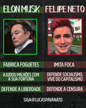 Lucas Pavanato Instagram - Felipe Neto tem criticado Elon Musk por sua fortuna e por defender a liberdade, enquanto isso usufrui do capitalismo e de forma hipócrita defende a censura. De qual lado você está?

Siga @lucaspavanato 

#direita #bolsonaro #elonmusk #nikolasferreira