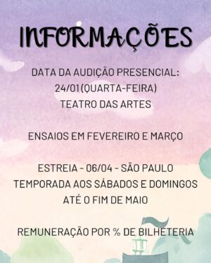 Luccas Papp Instagram - As inscrições para as audições de ”Peter Pan - Crescer é Preciso” estão abertas! 🎭 Os convocados farão testes presenciais que serão realizados no dia 24 de janeiro, quarta-feira.

Arraste a imagem para mais detalhes e os perfis dos personagens. Se você preencher os requisitos, é só acessar o link na nossa bio e se inscrever! ✨

Compartilhe com seu amigo artista! Oportunidades são sempre bem-vindas!

ATENÇÃO: as inscrições serão aceitas somente até o dia 12 de janeiro, às 23:59.