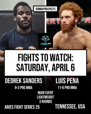 Luis Peña Instagram - Tennessee-based @ariesfightseries holds an exciting main event in the lightweight division, that features a former UFC lightweight.

Dedrek Sanders is a 34-year old American lightweight who holds a pro record of 8-3 with 3 KOs and 2 submissions. Hes currently riding an impressive 5-fight win streak with 3 KOs. This will be his fifth appearance with the Aries promotion and is 4-0 with them.

Standing across from Dedrek is 30-year old American lightweight Luis Peña. Luis holds a pro record of 11-6 with 5 submissions and 3 KOs. Luis has significant experience with MMA, boxing, and kickboxing matches on his professional record, along with 8 appearances with the UFC. This will be his Aries Fight Series debut.

#prospectwatch