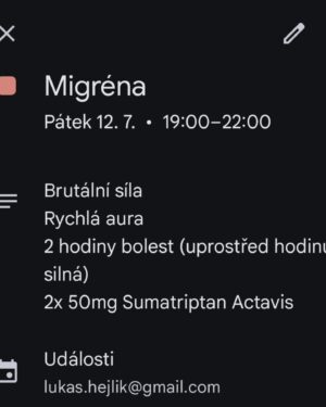 Lukáš Hejlík Instagram - No včerejší koncovka večera byla perná. Pokud trpíte migrénou, chci sdílet poslední zážitky. 
Hodně dobře mi zřejmě funguje silný hořčík, poslední ataku jsem měl (vedu si kalendář) 5.3., to je vlastně super, protože jsem byl zvyklý na 1, 2 ataky v měsíci. 

Teď jsem hořčík neměl úplně pravidelně a teda včerejší dostaveníčko bylo dost hustý. Měl jsem 2x 50mg Sumatriptan Actavis a nic. Nezabral. Koukal jsem dnes, prošlý by být neměl. Zkusím teď ten od jiného výrobce.

No, opět mi došlo jak nepřijemná je tohle moje součást. No, byla to neveselá tečka za jinak skvělými dny s Klárou. 

A jen, prosím, migréna není jen bolest hlavičky, je to prostě mozkové onemocnění. Moje 2 nepříjemné hodiny není nic proti lidem, co mají stavy přes 2-3 dny.

I proto pomáhám @migrena.help.zs v informovanosti.
#migrena
#migrenahelp
#sumatriptan
#prazdniny2024