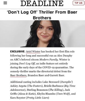 Luke Benward Instagram - Annnd we made it!! Congrats to @thethirdlilbaer and @branbaer for navigating us to the end of our principal production! I have loved every second of this process with y’all. 
@arielwinter @ashleyargota9 @khylinrhambo @kararoyster @jackgriffo @briellebarbusca @sterlingbeaumon thank you for lending your talents to this out of the box movie. I think we made something special. 
@nicolesmolen thank you for being god on earth and making this ship run so smoothly! You are the ultimate jack of all trades. 
@bengoodman_dp and @austin_azurelah you are geniuses! The ingenuity and care for the craft was the factor that made this movie possible. Thank you for you dedication and brilliance. 
And to my momma @kendabenward who came in KILLED set design, a job she had never done before, thank you. ❤️ I love you so much! 

What a time!! Making movies with my fraaaanndsss! 2020 never looked so good!