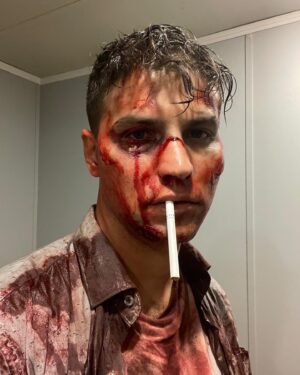Luke Bilyk Instagram - Sometimes on set we get to cosplay other cool people….. in between being covered in blood of course. #5daystillReacher