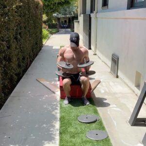 Luke Macfarlane Instagram - Getting creative! Flat benchpress, incline bench press. #homeworkout