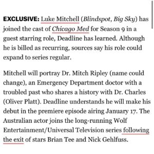 Luke Mitchell Instagram - Dr Mitch Ripley coming at ya early 2024! 😉 #ChicagoMed @nbc