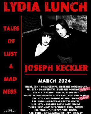 Lydia Lunch Instagram - After 12 dates in Australia, Lydia and @josephkeckler will be heading off to touring the Pacific North West and Canada! 

All tour dates and ticket info can be found at www.josephkeckler.com 

Photo by: Jasmine Hirst @artbyjasminehirst 

#lydialunch #josephkeckler