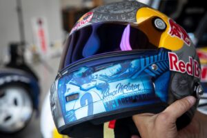 Mad Mike Instagram - Wild that I’ve had this helmet as a trophy from @redbull for winning the @formuladjapan Championship back in 2018 and I’ve never even worn this skid lid but it’s been the pride of display for many years however today I felt it was definitely worth strapping it on for our first shakedown of our @mclaren #MADMAC on track. This lid’s art work is made up of all the things that inspire me from Japan on one side and New Zealand on the other… Clearly Bruce McLaren is forefront of it all being a true Kiwi legend so it was an epic feeling to have him ride with me today in our screaming creation of a Mclaren.

#RotaryMclaren #FlyingKiwis

📸 @graememurraynz
