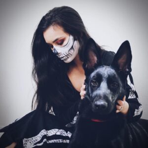 Madalyn Horcher Instagram - Till death do us part....🐺🥀🖤 #happyhalloween #germanshepherd #skeletonmakeup #love #puppy #halloweenmakeup #2018 #losangeles #girlsbestfriend