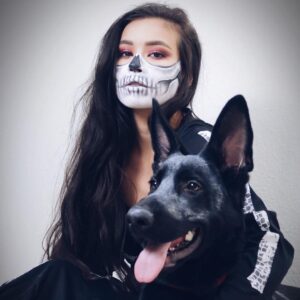 Madalyn Horcher Instagram - Till death do us part....🐺🥀🖤 #happyhalloween #germanshepherd #skeletonmakeup #love #puppy #halloweenmakeup #2018 #losangeles #girlsbestfriend