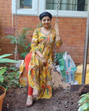 Mahalakshmi Shankar Instagram - The vibrant yellow color and the floral pattern give it a fresh and lively feel. The fit and flare design is flattering and the detailing around the neckline adds a touch of elegance. Overall, it’s a beautiful and stylish outfit from @aditiboutique_attur that suits anybody very well.