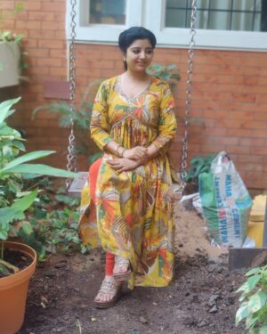 Mahalakshmi Shankar Instagram - The vibrant yellow color and the floral pattern give it a fresh and lively feel. The fit and flare design is flattering and the detailing around the neckline adds a touch of elegance. Overall, it’s a beautiful and stylish outfit from @aditiboutique_attur that suits anybody very well.