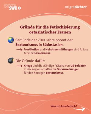 Mai Duong Kieu Instagram - Wurdest Du aufgrund Deiner Wurzeln sexualisiert? 

Mai (@maiduongkieu) hat uns von ihren Erfahrungen als Schauspielerin mit vietnamesischen Wurzeln erzählt. Als ostasiatisch gelesene Frau wurde sie früher oft für stereotypische Rollen gecastet, beispielsweise als Prostituierte. Mit sexualisierenden Vorurteilen müssen sich viele ostasiatische Frauen rumschlagen. Vor allem beim Dating berichten viele von Situationen, bei denen sie sich auf ihre Herkunft reduziert fühlen: 

“Ich kann mich an Aussagen erinnern, die sich an mein Asiatisch-Sein gerichtet haben, weniger an meine Person oder Interessen.“

Wie zum Beispiel „Ihr Asiatinnen habt immer so schön kräftiges Haar“ oder „Ihr seid immer so schön weiblich.“ 

Im Übrigen: 
Präferenz ≠ Fetischisierung! Bei Fetischisierung werden Menschen aufgrund ihrer vermeintlichen Andersartigkeit auf sexualisierende Weise zu Objekten gemacht. Es ist völlig akzeptabel, BIPoCs attraktiv zu finden. Jedoch ist es rassistisch, wenn man sie aufgrund von Stereotypen sexualisiert.

#asianfetish #sexismus #asiatisch #antirassismus #stereotype #diskriminierung #sexualisierung #migratoechter #migratöchter