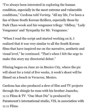 Manolo Cardona Instagram - Very happy to announce this 🤩
Feliz de poder contarles sobre este gran proyecto que hoy es una realidad ! 

Con un cast increíble 😍
Gracias a tod@s por acompañarme en mi ópera prima “UNO PARA MORIR” 
Un sueño 🙌🏼

@maribelverdu @helloimcarla.a @adytapaz @dagobertogama @remolinateatroman #FernandoBecerril @tiagorodrigocorrea @sulycastillo_ok 

@luisenrique.carrion @angelica_varilla_e @frank_arizaaa @raulprieto3010 @juliette69ar @gavoamiel @juanchocardonam #GuillermoBorensztein @alfonsofilm @chamactheonly @julyecuartas @maryzubi #JCAcosta @xs_cine y todo un equipo maravilloso detrás de este proyecto ❤️

#Unoparamorir, #ParamountPlus, #VIS,  @ParamountPlusLA,  @vis_global @1111films