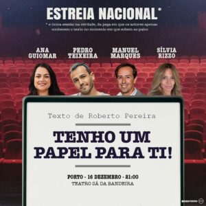 Manuel Marques Instagram - É já este Sábado no PORTO, teatro SÁ DA BANDEIRA

@r0bert0pereira 
@evajesusgoncalves 
@anaguiomar.oficial 
@pedroteixeiraoficial 
@silviarizzoo