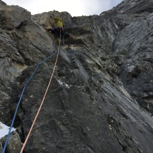 Marc-André Leclerc Instagram - Ha Ling 2 - @tom__livingstone and Marc 0.
After going for the FWA of ha ling’s North Face because it looked hard, free of avy hazard, and not a clip up,  we ultimately turned around in the night when a heavy snowstorm turned the face into a maelstrom. Turns out the rock on this wall is also kind of nails to climb when snowed up. #dmmclimbing #arcteryx #canadianrockies