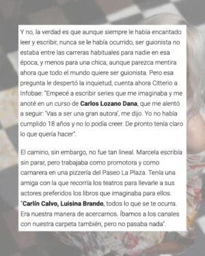 Marcela Citterio Instagram - Quiero contarles que estoy muy emocionada por la nota que Infobae me hizo recientemente. En ella, hablo sobre mi carrera como guionista de telenovelas y cómo logré superar muchos obstáculos y alcanzar éxitos. 

También hablo sobre mi nuevo libro "Lady Voyeur", que es muy especial para mí. Me encantaría que leyeran la nota completa en el sitio web de Infobae y descubrieran más sobre mi vida y mi trabajo. Les dejo el link en historias destacadas. 

Agradezco a @mercedesfunes y a @infobae por darme la oportunidad de compartir mi historia con su público, y espero que disfruten leyéndola tanto como yo disfruté compartiendo mi experiencia. ¡No se la pierdan!