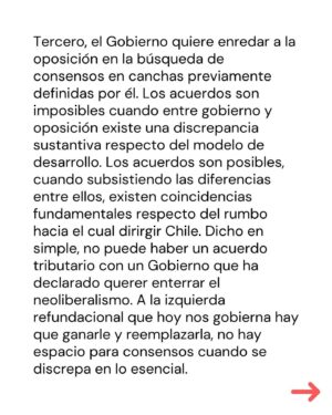 Marcela Cubillos Instagram - Las oposiciones no pueden caer en el juego de darle a la izquierda lo que ella quiere: división, discusión anticipada sobre propuestas, acuerdos cuando Chile aún paga los costos de sus malas reformas, y blanqueo prematuro a su prontuario.

Chile necesita, más que nunca, una oposición unida, con proyecto político propio, y más que “propositiva”, proporcional al daño que esta izquierda le está haciendo a Chile. 

Esa es la pega hoy. Si se hace bien, tocará gobernar.

Diario El Mercurio