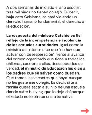 Marcela Cubillos Instagram - La educación pública, se la echaron. 
Un grupo de jóvenes de elite, instalados en el Congreso y en el gobierno de la ex presidenta Bachelet, se dedicaron a experimentar con la educación y se la echaron. 
Ellos hoy habitan La Moneda y la realidad les ha explotado en sus narices.

(Columna publicada en El Mercurio, 17 de marzo 2024)