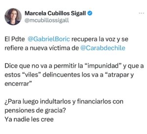 Marcela Cubillos Instagram - Chile llora una nueva víctima de Carabineros
La coalición que está sentada en La Moneda llegó al poder validando la violencia y enfrentando a Carabineros
No son ellos los que nos protegerán de la violencia que se ha instalado en Chile.
Debemos sacarlos democráticamente del poder el próximo año si queremos recuperar Chile 🇨🇱