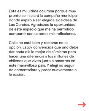 Marcela Cubillos Instagram - Tenemos un país fuerte, y uno de los más lindos del mundo, que ha sabido ponerse de pie una y otra vez a lo largo de su historia. Los chilenos aman su bandera, son solidarios y tienen “chispeza” como dijo el gran Gary Medel. Pero desde hace algunos años, la desesperanza se ha instalado en el ambiente. Y es ese sentimiento el que debemos revertir.

Los necesitamos a todos arriba para levantar Chile. Arriba la esperanza. Arriba la unidad. Arriba los sueños de siempre, esos que, hasta ahora, nadie ha logrado destruir. ¡Arriba Chile!

#ArribaLasCondes