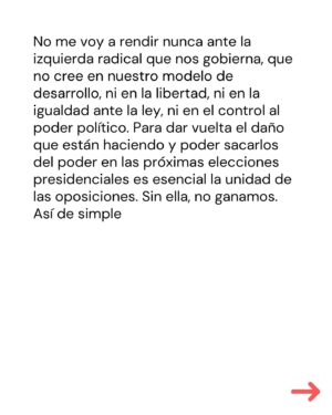 Marcela Cubillos Instagram - Tenemos un país fuerte, y uno de los más lindos del mundo, que ha sabido ponerse de pie una y otra vez a lo largo de su historia. Los chilenos aman su bandera, son solidarios y tienen “chispeza” como dijo el gran Gary Medel. Pero desde hace algunos años, la desesperanza se ha instalado en el ambiente. Y es ese sentimiento el que debemos revertir.

Los necesitamos a todos arriba para levantar Chile. Arriba la esperanza. Arriba la unidad. Arriba los sueños de siempre, esos que, hasta ahora, nadie ha logrado destruir. ¡Arriba Chile!

#ArribaLasCondes