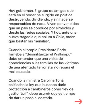 Marcela Cubillos Instagram - ​“Pacos asesinos, el pueblo tiene todo el derecho a odiarles”, tuiteaba el ministro de Economía. Nicolás Grau en febrero 2021. Hace un tiempo lo borró, explicando que había sido dicho “en un contexto específico de mucha frustración”. 

Ese es el problema. La seguridad de Chile y la vida de nuestros carabineros no pueden seguir dependiendo de la intolerancia a la “frustración” de quienes nos gobiernan.

Comparto columna publicada hoy en El Mercurio