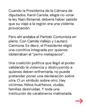 Marcela Cubillos Instagram - ​“Pacos asesinos, el pueblo tiene todo el derecho a odiarles”, tuiteaba el ministro de Economía. Nicolás Grau en febrero 2021. Hace un tiempo lo borró, explicando que había sido dicho “en un contexto específico de mucha frustración”. 

Ese es el problema. La seguridad de Chile y la vida de nuestros carabineros no pueden seguir dependiendo de la intolerancia a la “frustración” de quienes nos gobiernan.

Comparto columna publicada hoy en El Mercurio