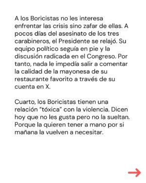 Marcela Cubillos Instagram - Boricismo, mi columna hoy en El Mercurio

El “Boricismo” representa el fracaso de pretender gobernar solo con símbolos a un país que no está de humor. Y con razón. 

Ante la crisis de seguridad, el estancamiento económico y el escándalo por el “desvío” de platas públicas a fundaciones políticas, a pocos les importa que sea un gabinete que asumió con mayoría de mujeres; que haya un Presidente que vive en el centro, usa anteojos como los de Allende y saluda como el Dalái Lama; o que hubo una ministra del Interior que levantaba la bandera del “Wallmapu” cuando era recibida a balazos en la Araucanía; o que el perro presidencial “Brownie” tenia cuenta de twitter. O que toda esta historia partió desde la cima de un árbol en Punta Arenas.

El simbolismo de Boric agotó y poco había debajo de él