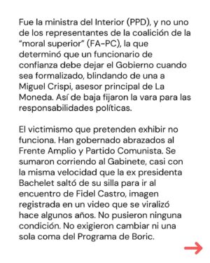 Marcela Cubillos Instagram - El socialismo no es víctima sino protagonista del Gobierno. Es el corazón de esta administración, no un socio minoritario. 

Comparto columna “Victimismo en La Moneda” publicada hoy en El Mercurio.