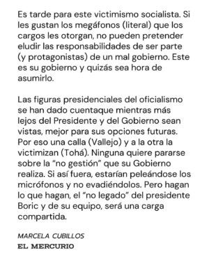 Marcela Cubillos Instagram - El socialismo no es víctima sino protagonista del Gobierno. Es el corazón de esta administración, no un socio minoritario. 

Comparto columna “Victimismo en La Moneda” publicada hoy en El Mercurio.