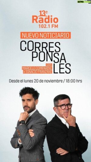 Marcelo Comparini Instagram - ESTO NO ES FAKE NEWS😱 Mañana comienza CORRESPONSALES, el nuevo espacio informativo de 13cRadio en la compañía de @marcelocomparini e @ifranzani.

¿Acaso te lo vas a perder? Imposible. Te esperamos a partir de mañana y de lunes a viernes a las 18hrs en la 102.1 y en 13cRadio.cl 📻