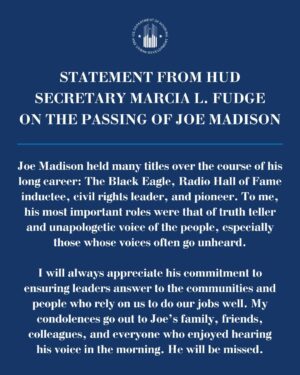 Marcia Fudge Instagram - My condolences go out to Joe Madison’s family, friends, colleagues, and everyone who enjoyed hearing his voice in the morning. He will be missed.