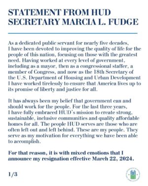 Marcia Fudge Instagram - Today, I announced my retirement and resignation as HUD Secretary effective March 22, 2024.

I thank @potus for his confidence and trust in me to lead HUD in alignment with the Biden-Harris Administration’s priorities. As I transition to life as a private citizen, I will continue to do the work that I have been called to do.