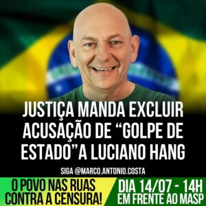 Marco Antônio Costa Instagram - 🚨VEJA: O juiz Gilberto Gomes de Oliveira Júnior ordenou que o jornalista Guilherme Amado e o portal Metrópoles removam uma publicação que acusa o empresário Luciano Hang de promover um “golpe de Estado” por meio de um grupo de WhatsApp com outros empresários. 

A publicação foi considerada “caluniosa” e sem provas, e a decisão impõe uma multa diária de R$ 1.000,00, limitada a R$ 50.000,00, caso o conteúdo não seja retirado.
