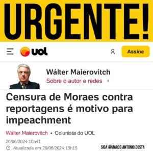 Marco Antônio Costa Instagram - 🚨BOMBA: Colunista do UOL afirma que a censura imposta por Moraes a reportagens é motivo suficiente para impeachment.

A situação está se complicando para Moraes. Além da direita, agora até setores da esquerda estão exigindo seu impeachment. A liberdade de imprensa e a democracia estão em jogo! Não podemos aceitar censura. Impeachment já! 

Junte-se a nós na manifestação dia 14/07 às 14h em frente ao MASP. Vamos defender nossos direitos!