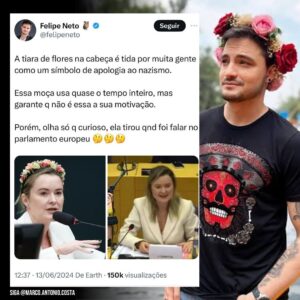 Marco Antônio Costa Instagram - 🚨GABINETE DO ÓDIO! Felipe Neto acusa a deputada federal Júlia Zanatta de ser n4z1st4 por usar uma tiara de flores, enquanto ele próprio posa em ensaios fotográficos usando uma tiara semelhante. 🤦‍♂️

Os ataques de Felipe Neto ocorreram após Júlia se defender de ofensas da deputada trans Érika Hilton, que agora está processando Nikolas Ferreira por transfobia e pedindo R$5 milhões de indenização. Essa gente é canalha.
