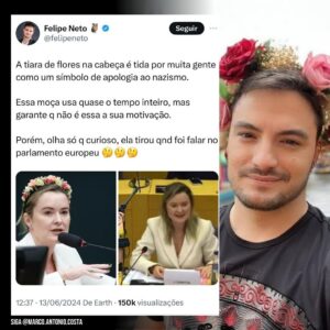 Marco Antônio Costa Instagram - 🚨GABINETE DO ÓDIO! Felipe Neto acusa a deputada federal Júlia Zanatta de ser n4z1st4 por usar uma tiara de flores, enquanto ele próprio posa em ensaios fotográficos usando uma tiara semelhante. 🤦‍♂️

Os ataques de Felipe Neto ocorreram após Júlia se defender de ofensas da deputada trans Érika Hilton, que agora está processando Nikolas Ferreira por transfobia e pedindo R$5 milhões de indenização. Essa gente é canalha.