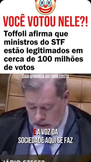 Marco Antônio Costa Instagram - 🚨HOJE: Toffoli afirma que os ministros do STF são legitimados por cerca de 100 milhões de votos. Você votou em algum deles?! 🤡

“Se somarmos os votos recebidos pelos presidentes da República eleitos e os votos dos senadores que nos aprovaram, estamos todos legitimados por cerca de 100 milhões de votos”.
