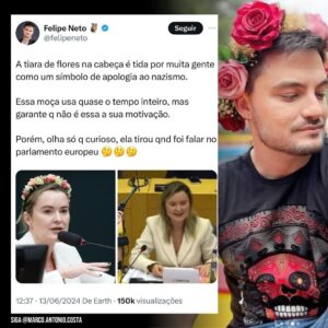 Marco Antônio Costa Instagram - 🚨GABINETE DO ÓDIO! Felipe Neto acusa a deputada federal Júlia Zanatta de ser n4z1st4 por usar uma tiara de flores, enquanto ele próprio posa em ensaios fotográficos usando uma tiara semelhante. 🤦‍♂️

Os ataques de Felipe Neto ocorreram após Júlia se defender de ofensas da deputada trans Érika Hilton, que agora está processando Nikolas Ferreira por transfobia e pedindo R$5 milhões de indenização. Essa gente é canalha.